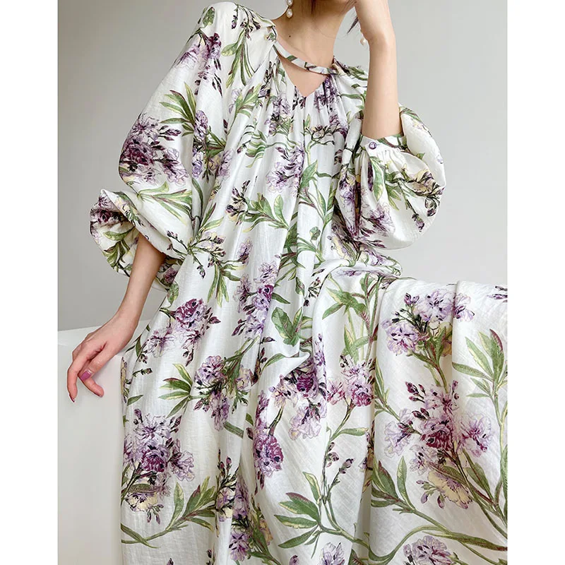 

Vintage Midi Floral Printed Dresses for Women 2022 Summer Korean Fashion Clothing Loose Casual Oversized Dress