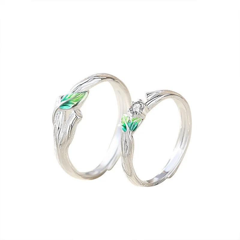 Sweet Simple Green Leaves Young Couple Ring For Women Lover Silver Color Open Resizable Rings Romantic Wedding Jewelry couple rings