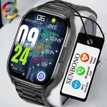 SENBONO AMOLED 스마트 워치 올웨이즈 온 디스플레이 블루투스 통화 NFC 스마트워치, 남성용 스포츠 방수 시계, IOS 안드로이드용, 2024 신제품