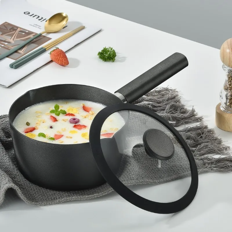 

Black Instant Milk Pot Multifunctional Kitchen Aluminum Alloy Non Stick Milk Pan with Lid Cooking Tool Induction Cooker Cookware