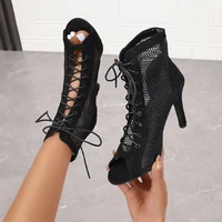 New Women Fashion Show Net Fabric Cross Strap Sexy High Heel Sandals Woman Shoes Pumps Lace-up Peep Toe Sandals Casual Mesh - Image 5