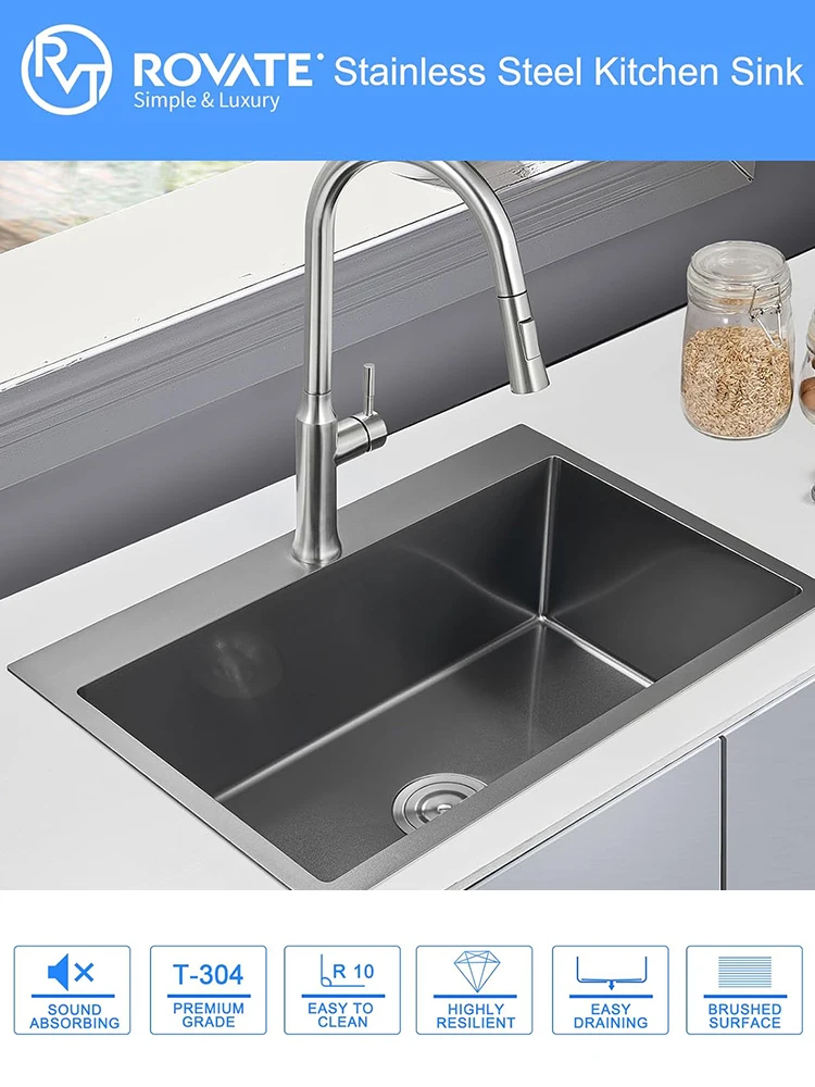 ROVATE Kitchen Sink 28&times;20 Inch Drop In 18 Gauge Handmade SUS 304 Top mount Stainless Steel 9 Inch Deep Single Bowl Black