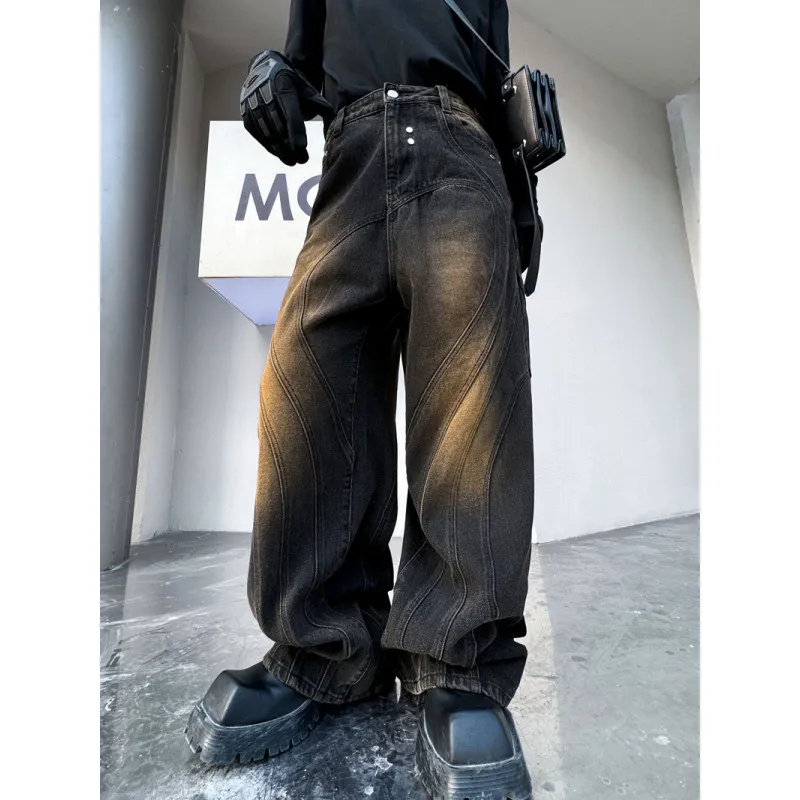 Fashion Jeans Men's 2024 Spring Rivets Loose Comfort Trendy Male Fried Street Zipper Men's Jeans Denim Straight Trousers