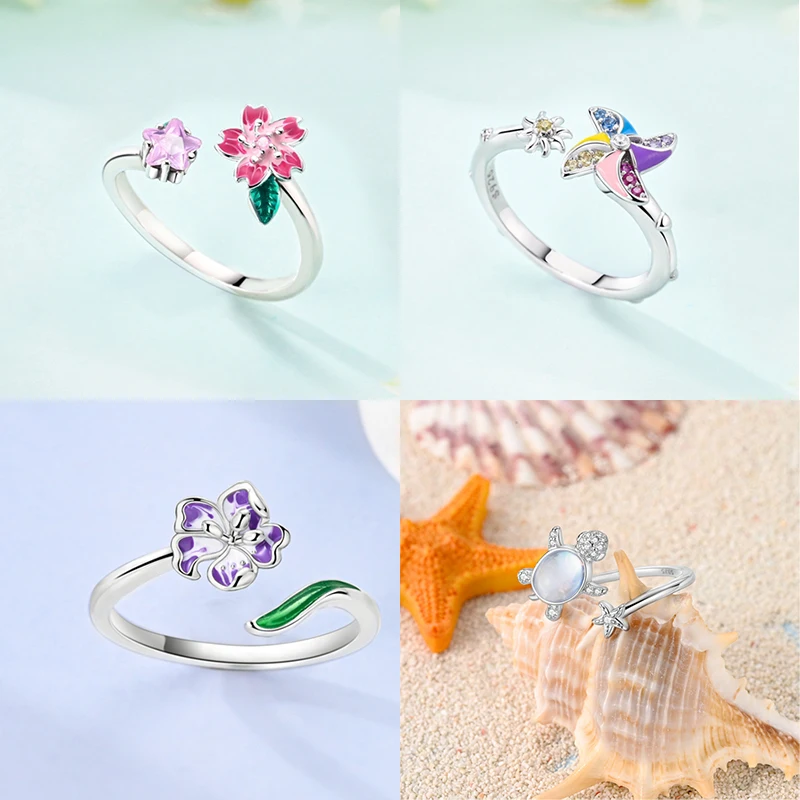 Free Size 925 Sterling Silver Ring Butterfly Sun Moon Sunflower Crystal Original Adjustable Rings For Women Wedding Jewelry Gift silver ring wedding rings silver rings enamel butterfly ring