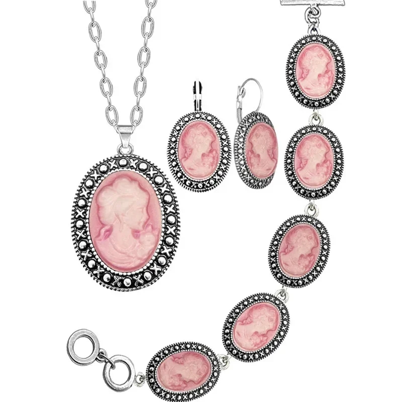 Jewelry Sets Cameo Jewelry Set Antique Silver Plated Necklace Earrings Bracelet
