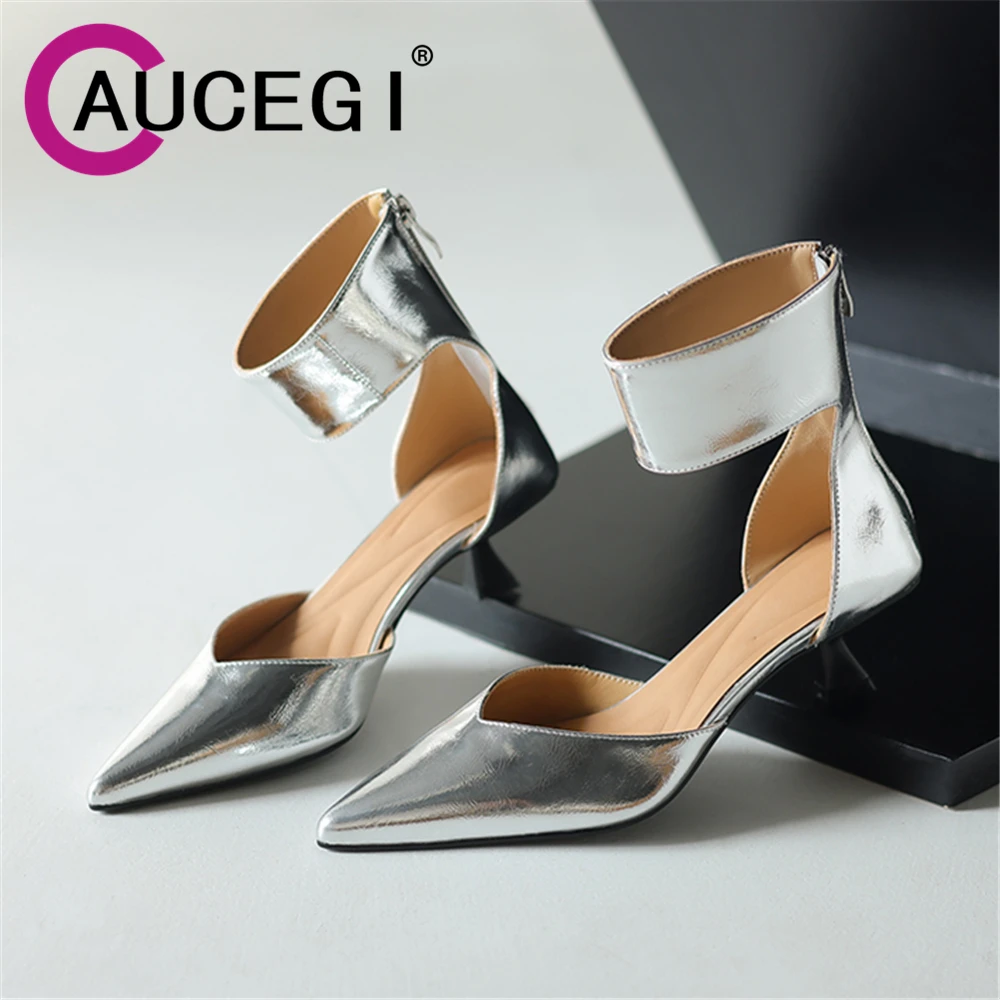 

Aucegi Hot Sale Women Fashion Genuine Leather Pointy Toe Two- Piece Pumps Kitten-Heels Pumps Zipper Shallow Dress Wedding Shoes