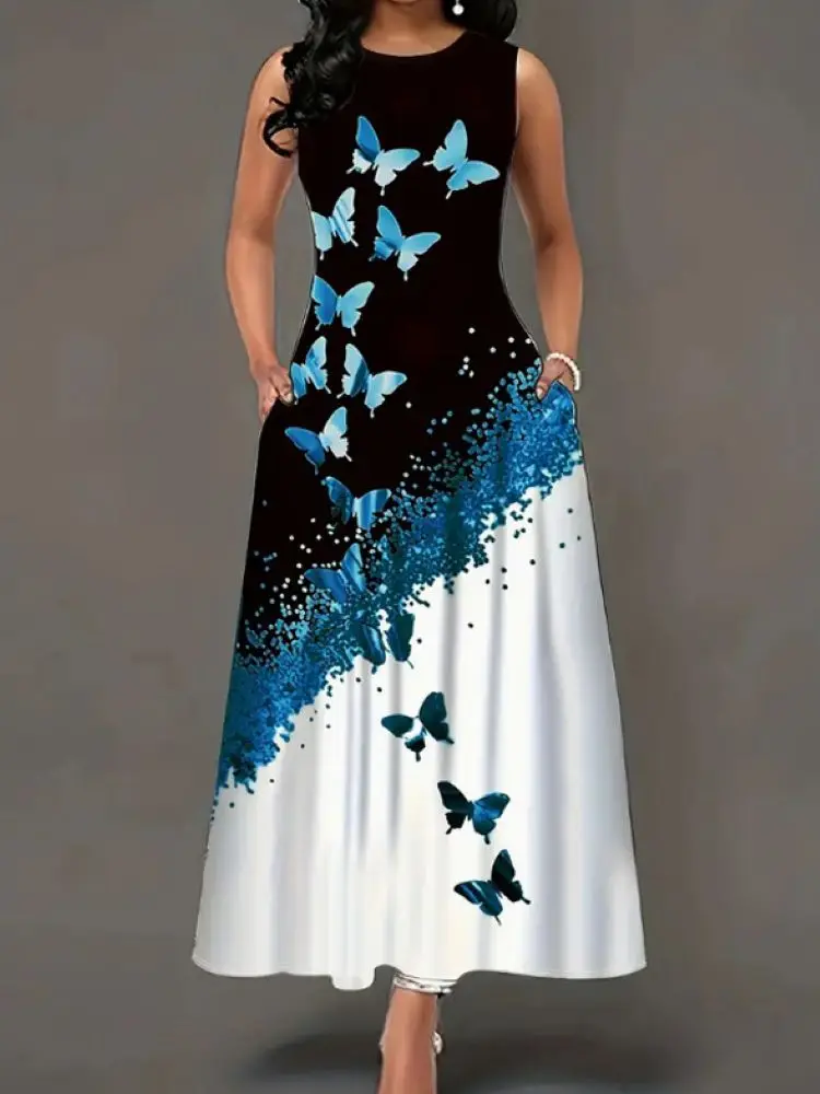 فستان بمقاس كبير للربيع والصيف، فستان بنمط جديد، فستان على شكل حرف A بجيب مطبوع على شكل فراشة أوروبية وأمريكية