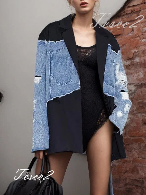 Tesco Spring Vintage Suit Blazer For Women Long Sleeve Denim Spliced Jacket Fashion Distressed Jacket Casual Loose Daily Blazer