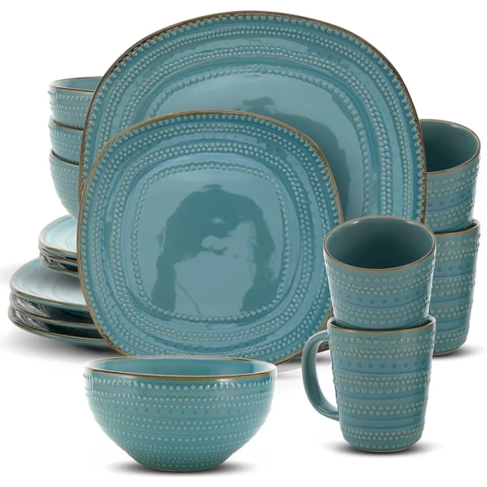 

16-Piece Teal Stoneware Dinnerware Set - Includes Dinner Plates Complete Tableware Dish Bowls Mugs freight Free