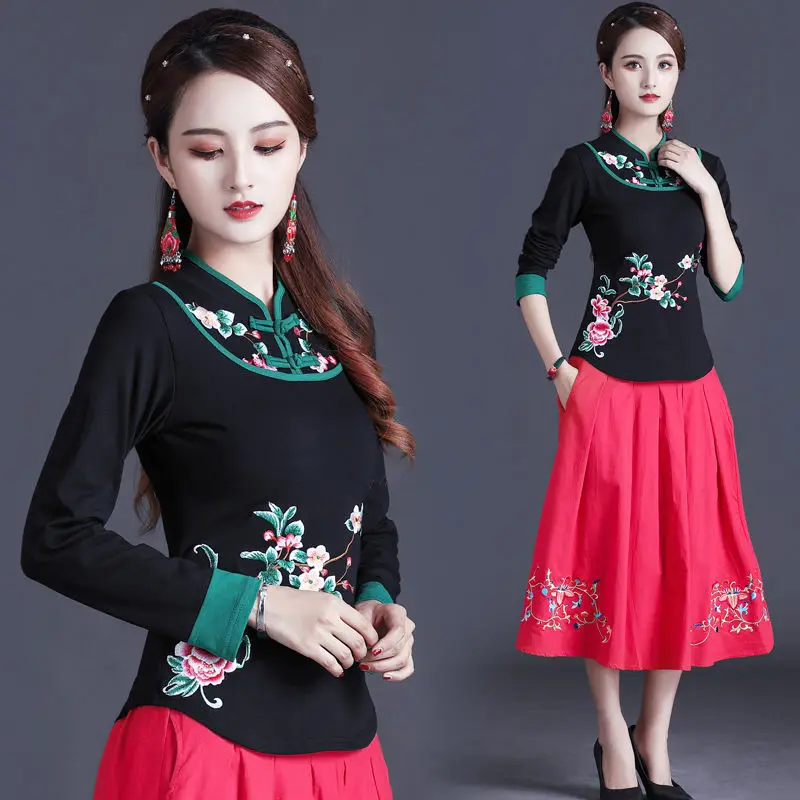 Traditional Chinese Clothing Women Cheongsam Top Embroidery Mandarin Collar Vintage Shirt Blouse Ladies Chinese Top V1910 women chinese shirt