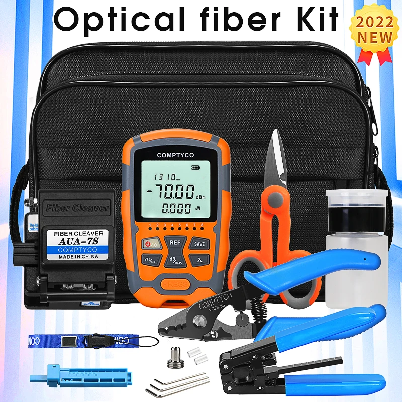 FTTH Fiber Optic Tool Kit AUA-7S Fiber Cleaver 4 in 1 Dry Battery Mini Optical Power Meter with 15mw Visual Fault Locator multifunction new g11 high precision rechargeable battery optical power meter ftth color lcd screen with flash opm 5g wavelength