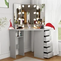 Corner Vanity Desk, Modern Vanity Desk with Drawers and Mirror, Grey Makeup Vanity with Lights, Small Table Makeup Desk 1