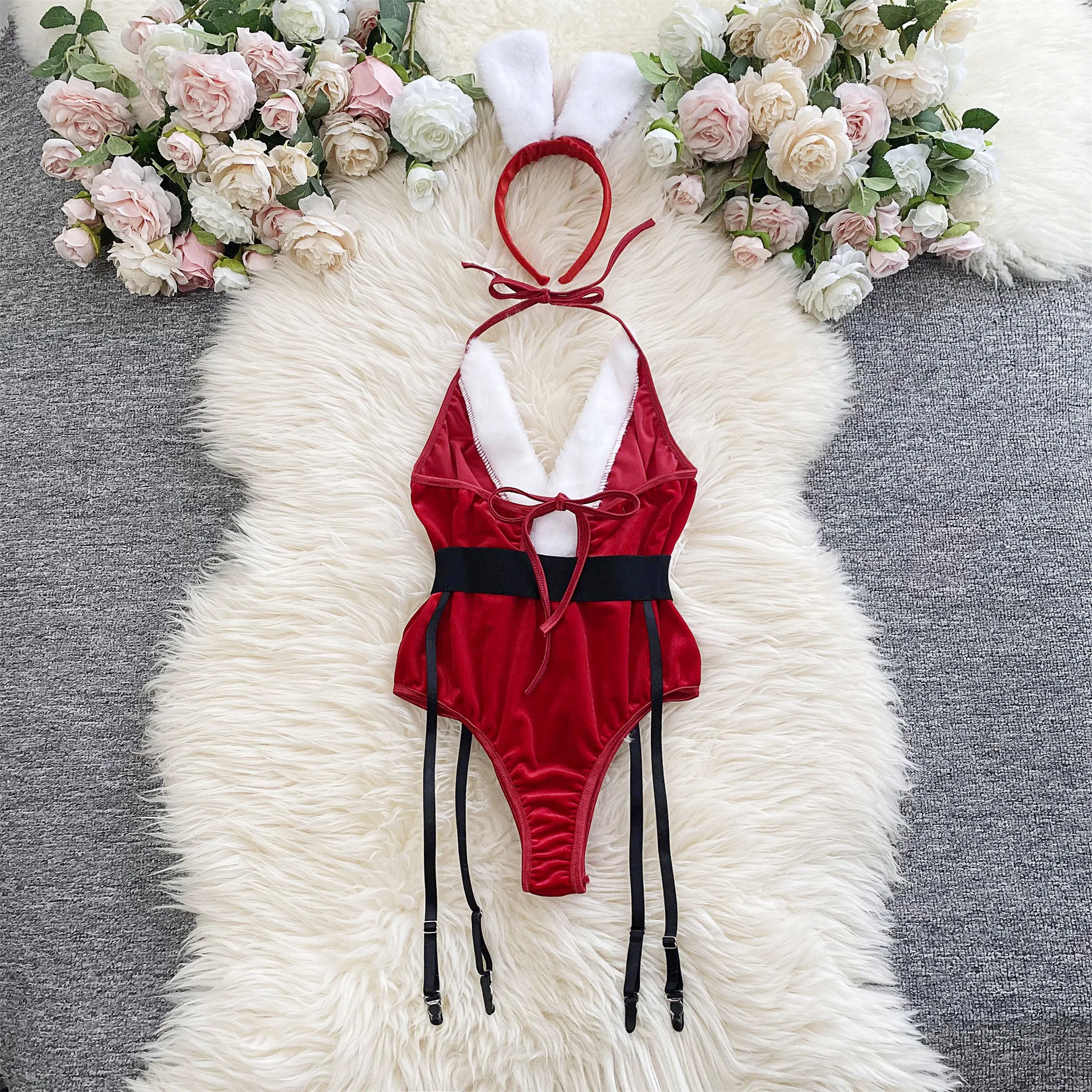 Red Christmas Cosplay Rabbit girl Jumpsuit Sexy Lingerie Belt Women New In Clothing Casual Backless Hollow Out Lace-up Bodysuit