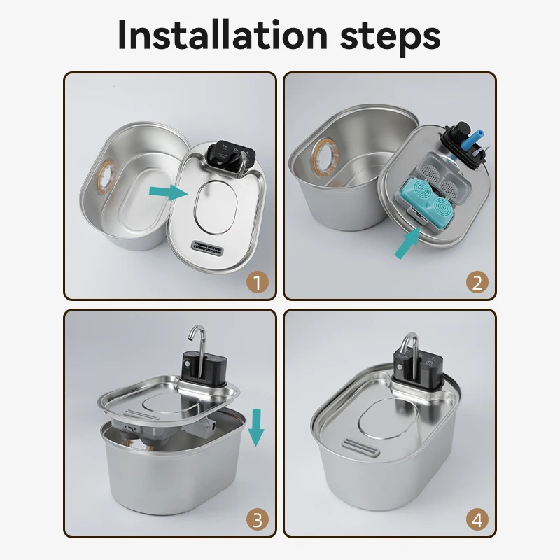 ROJECO Fuente Agua Gatos Inalámbrica 3.2L Acero Inoxidable 4000mAh, Dispensador + Filtros Repuesto - Image 5