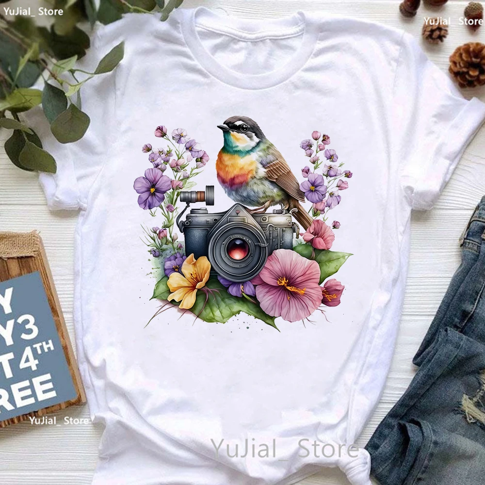 

Watercolor Camera Birds Flowers Print T Shirt Girls Summer Fashion Tops Tee Shirt Femme Harajuku Kawaii Clothes White T-Shirt