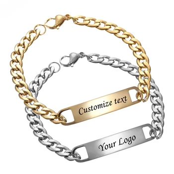 Nome personalizzato semplice Logo Testo Uomo Oro 18 carati PVD Acciaio inossidabile ID Bracciale con barra vuota Lunghezza gioielli 20 cm/20 cm + 5 cm