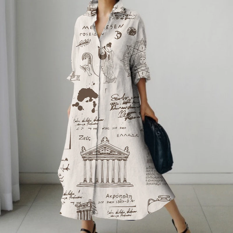 Dresses Autumn Women's Long Ancient Egyptian Printed Shirt Dress