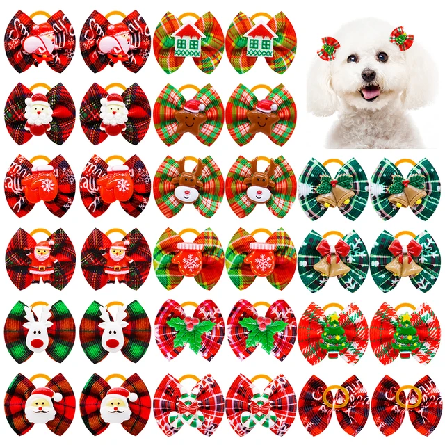 10/20/30PCS Winter Puppy Bows With Rubber Bands Christmas Accessories Dog Bows Handmade Plaid Pet Hair Accessories For Dogs