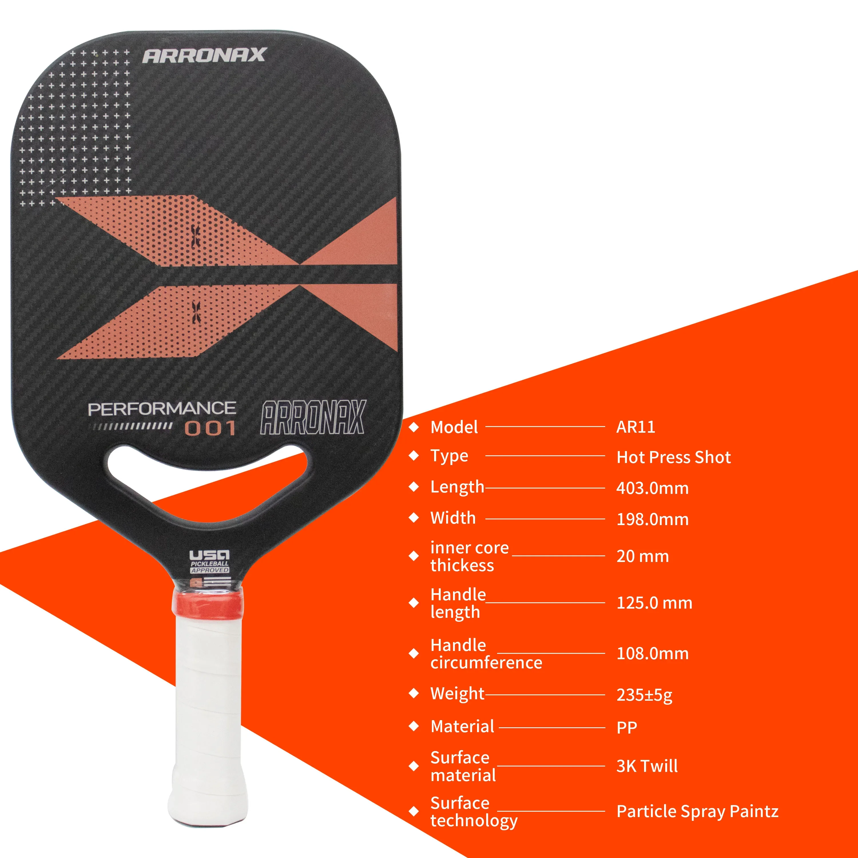 USAPA Approved Pickleball Paddle Elongated Paddle 20mm Thick Core Friction 3K Carbon Fiber Texture Surface Edgeless AR11