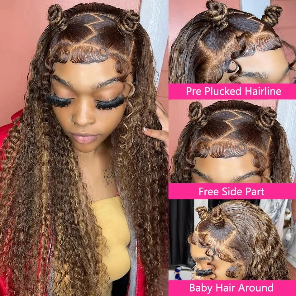 Evidenziare parrucca capelli umani 100% ricci 13x6 HD parrucche frontali in pizzo per le donne Ombre colorate parrucca frontale onda profonda acqua capelli umani 200 - immagine 3