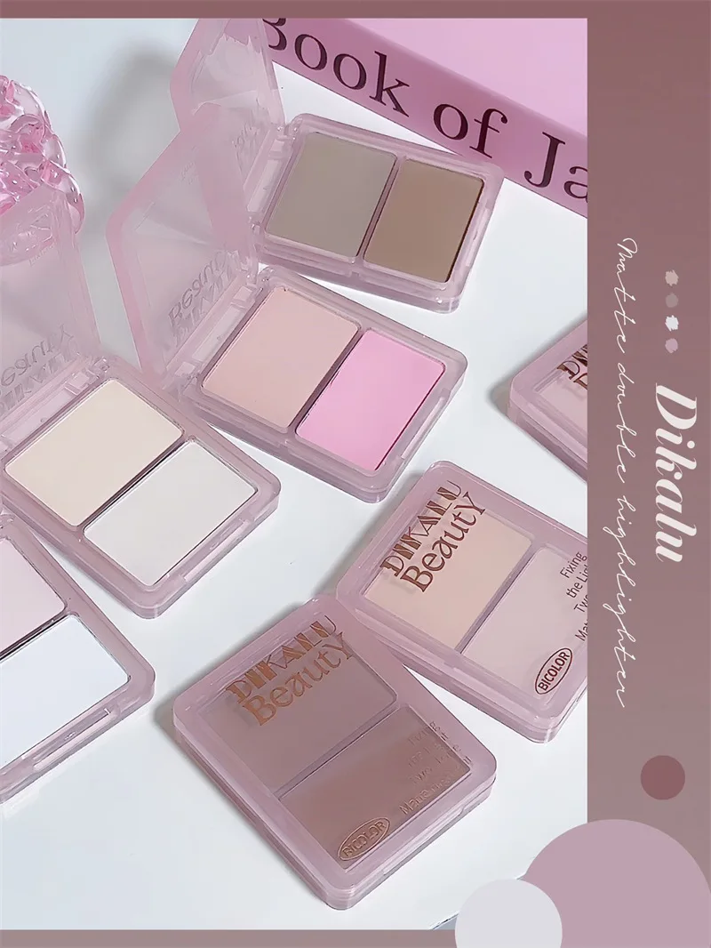 Description Picture 2 of itemTwo-tone Highlight Contour Palette Matte White Highlighter Grey Brown Nose Shadow Face Contouring Bronzer Brighten Powder Makeup