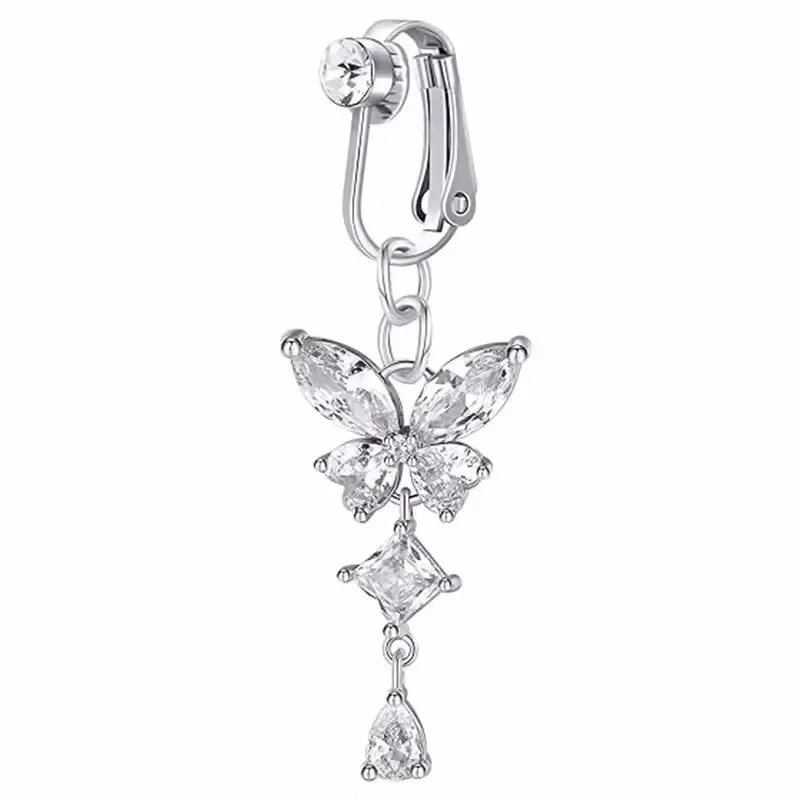 Clip on Belly Button Ring Butterfly Copper Zircon Fake Belly Piercing Umbilical Navel Body Jewelry