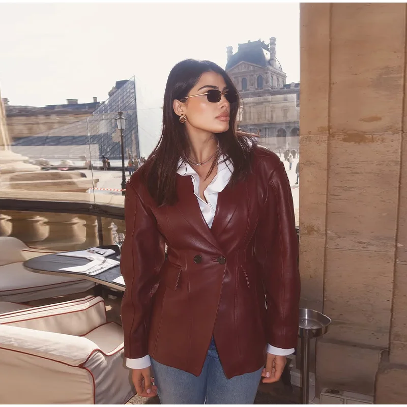 Burgund PU Leder Blazer Frauen Schwarz Breiten Gürtel V-ausschnitt Volle Hülse Taille Cinching Mantel 2025, Herbst Weibliche Mode Streetwear – Detail 12