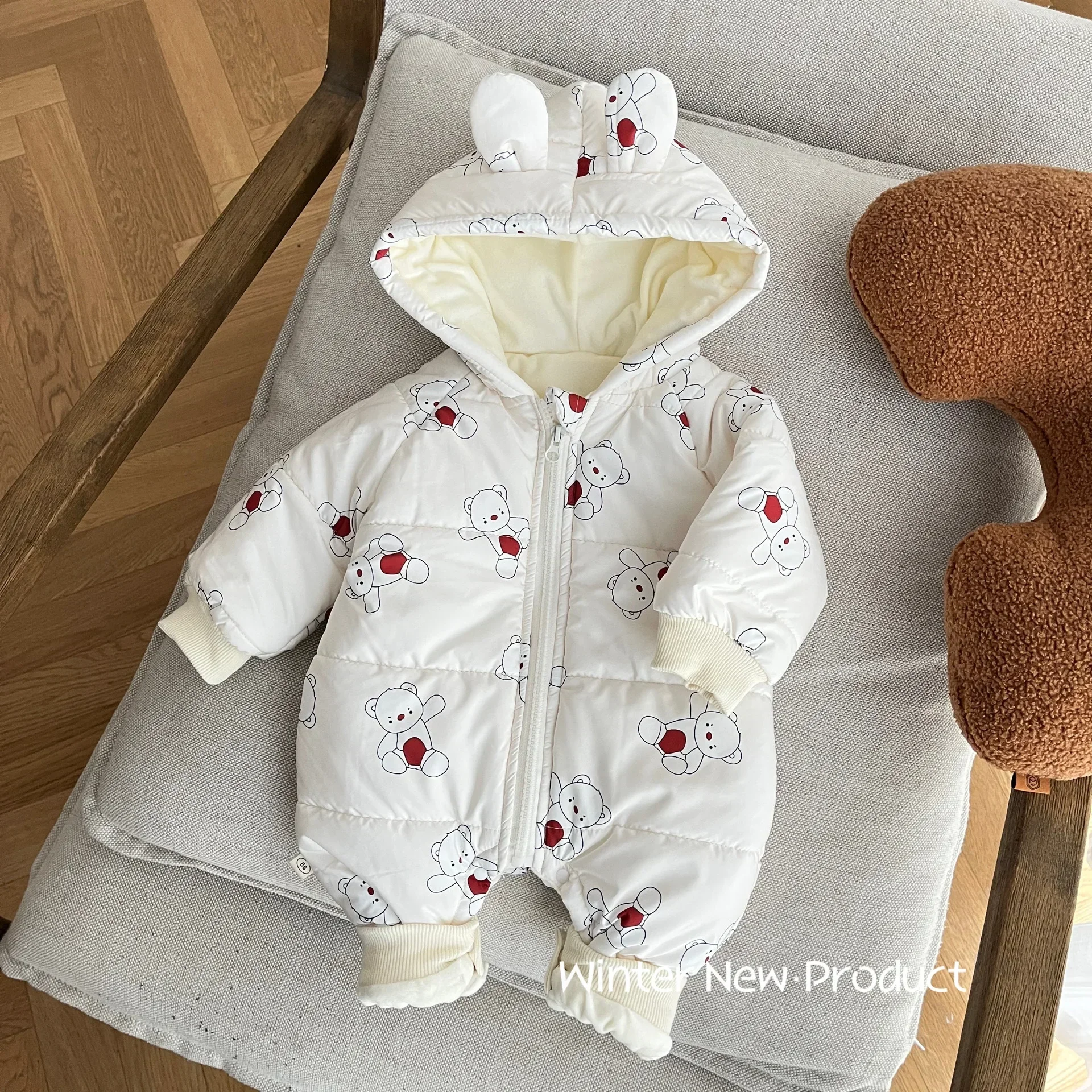 

2023 Winter New in Kids Baby Girls Boys Cute Bear Print Romper - Infant Toddler Thick Warm Plush Zipper Jumpsuits , Newborn 0-2Y