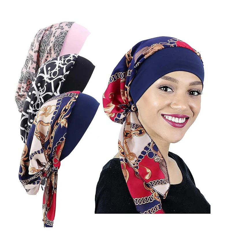 Women Imitation Silk Streamer Headscarf Hat Pre-tie Printed Elastic Wide Edge Cover Head Wrap Hat Chemotherapy Cap Hair Care Cap dream wings pattern imprint pu leather wallet phone case flip stand protective cover for motorola edge 20 pink