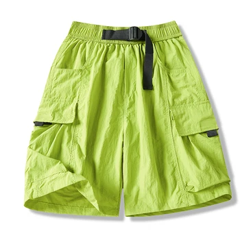 Y2K Neon Green Cargo Shorts Men High Waist Baggy Utility Shorts with Belt Flap Pockets Streetwear Fashion Beach Five-point Pants 1