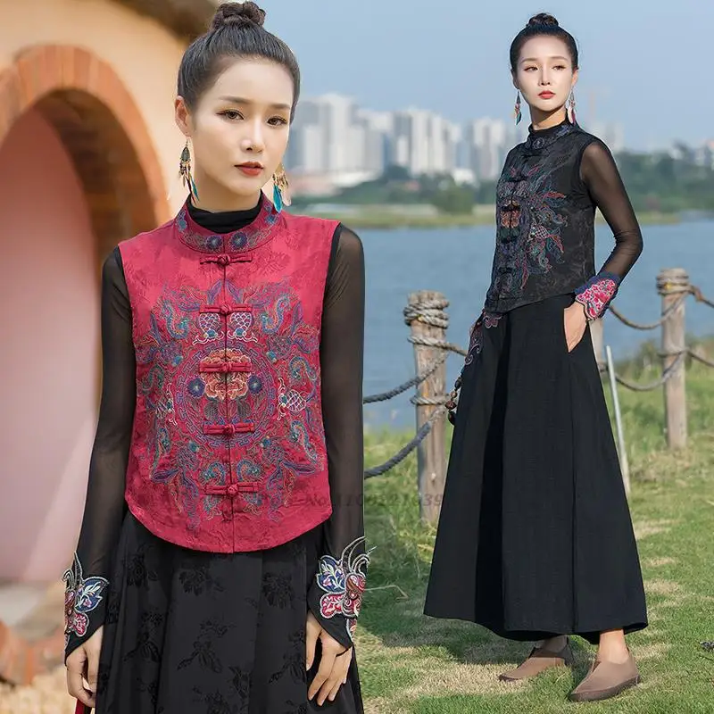 national harajuku gilet women flower embroidery chinese style tang suit vest traditional vintage wild casual waistcoat