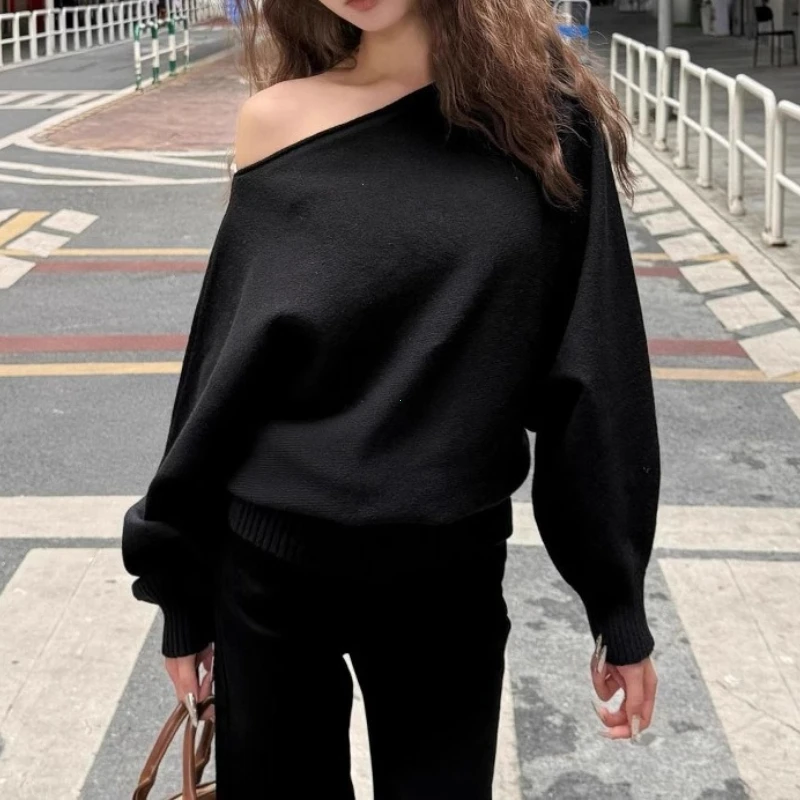 Batwing Long Sleeve Knitted Pullover Women 380g Thick Off Shoulder Top Korean Fashion Sweater Loose Casual Autumn Outwear Pull