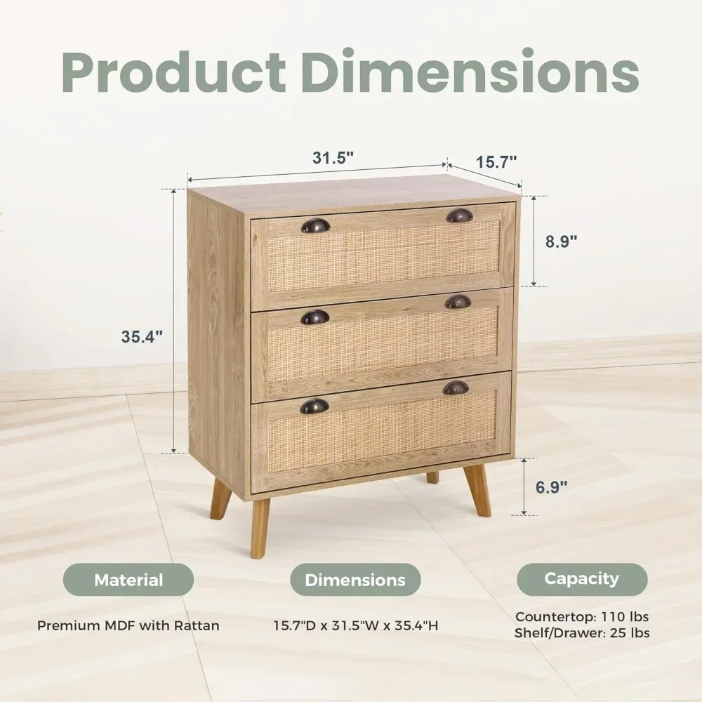 2-piece rattan bedside table set, suitable for bedrooms, cabinets with drawers, 3 drawers, rattan cabinets 6
