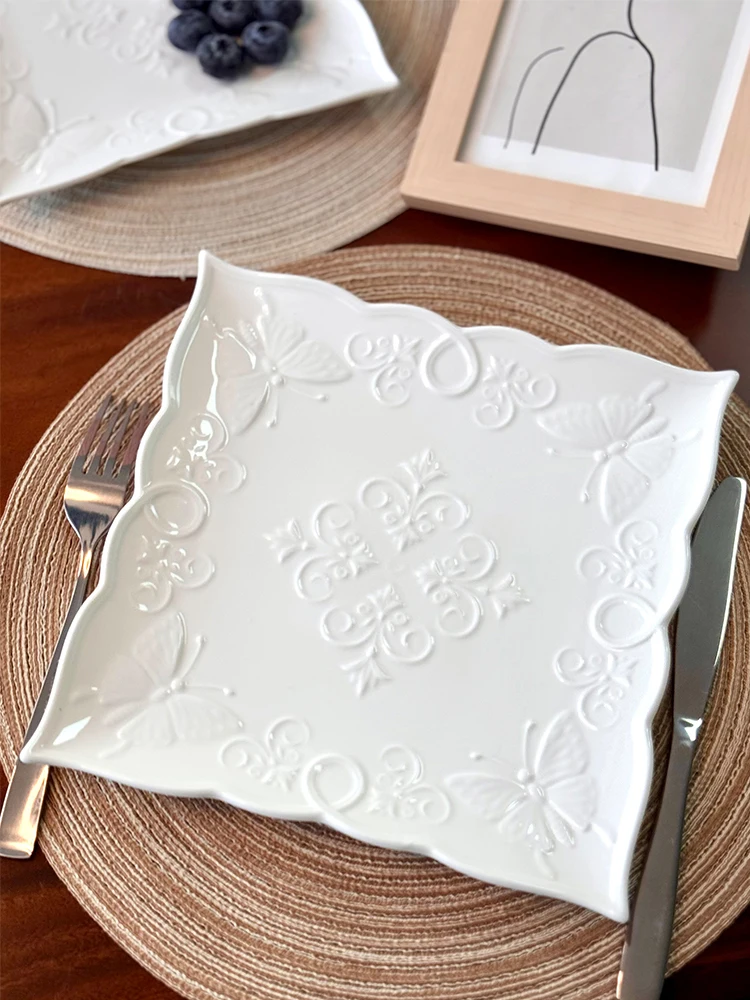 4Pcs Ceramic New Butterfly 8/10 Inch, Square Plate Evening Plate, Elegant Embossed Butterfly Pattern-Household Kitchen Utensil