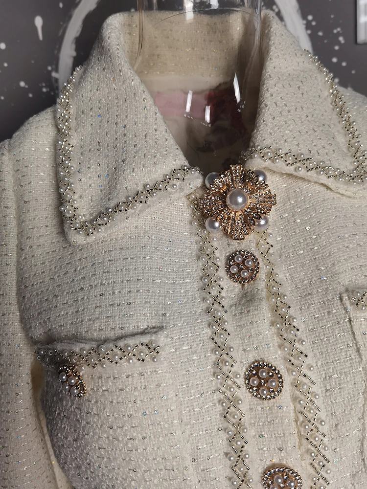 Elegant Short Dress European Style Tweed Lapel Beading Button Long Sleeve Fashion Dresses For Women 2025 Spring Summer 9896