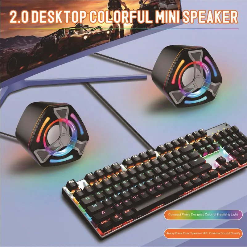 전문 휴대용 미니 게임 스피커 2.0 채널 USB 유선 홈 오디오 사운드 3.5mm AUX 통신 컴퓨터