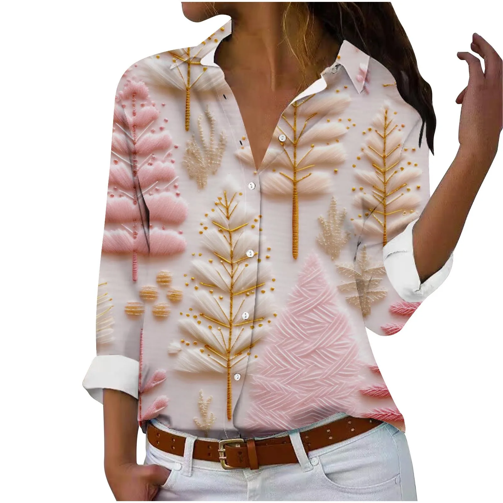 

Женская Повседневная рубашка с длинным рукавом, модная весенняя рубашка с 3D принтом рождественской елки, красивая уличная одежда в стиле Харадзюку