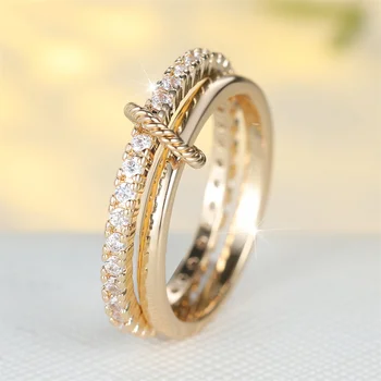 White Zircon Single Row Round Stone Ring Sets For Women Vintage Gold Color Engagement Bands Wedding Jewelry Set Versatile Gifts