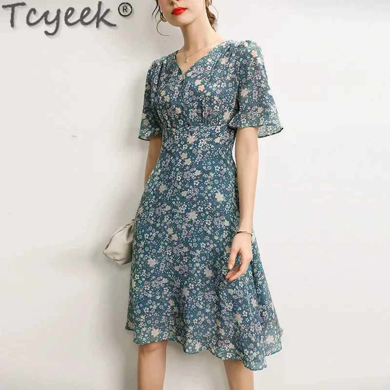 

100% Tcyeek Mulberry Silk Summer Clothes for Women Elegant Women's es 2024 V-neck Print Dress Waist Vestido Feminino