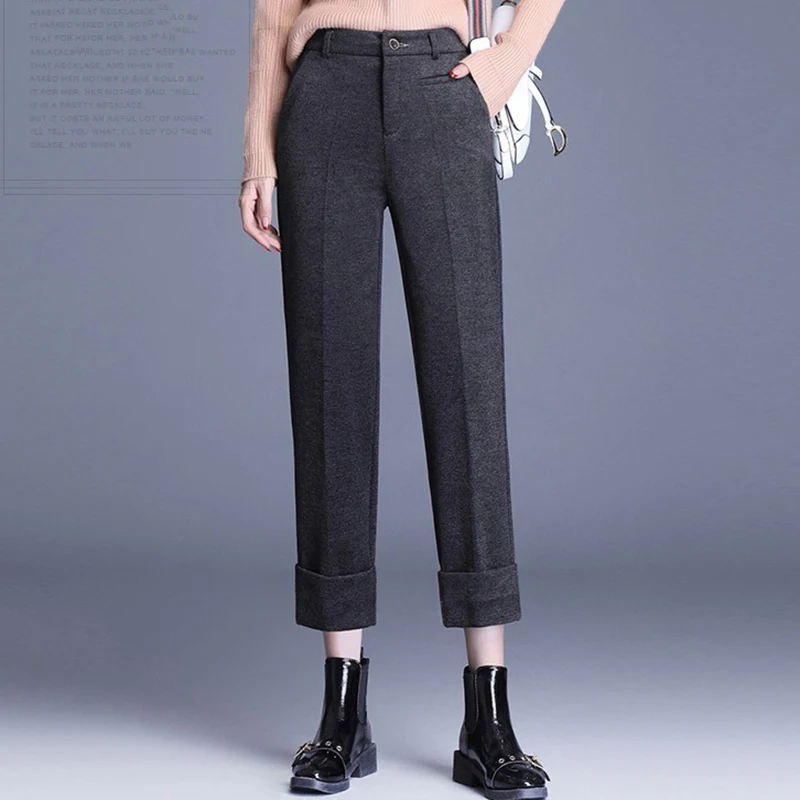 Autumn Winter Woolden Blend Harem Pants Women Solid Colors High Waist Ankle-Length Pants Lady Office Thick Loose Suit Pantalones