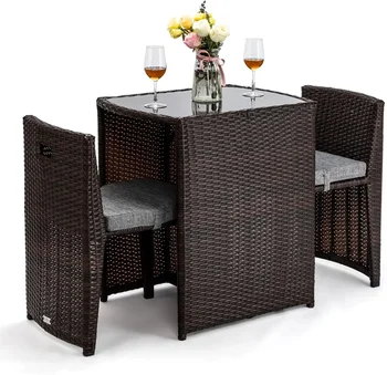 3-Piece Wicker Patio Bistro Set with Glass Top Table & Chair 1