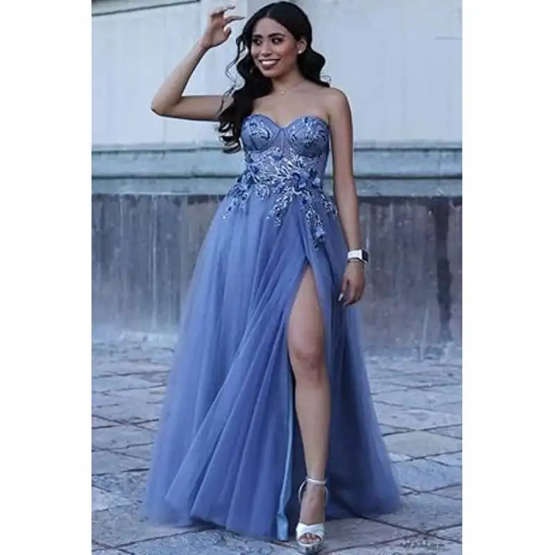 Women Prom Dresses Sweetheart 3D Appliques Long Formal Evening Ball Gowns with Slit