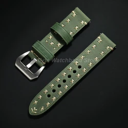 Elegant Crazy Horse Leather Watch Strap - Handmade, Thick, Stitched Replacement Band with Quick Release - 22mm (Green)