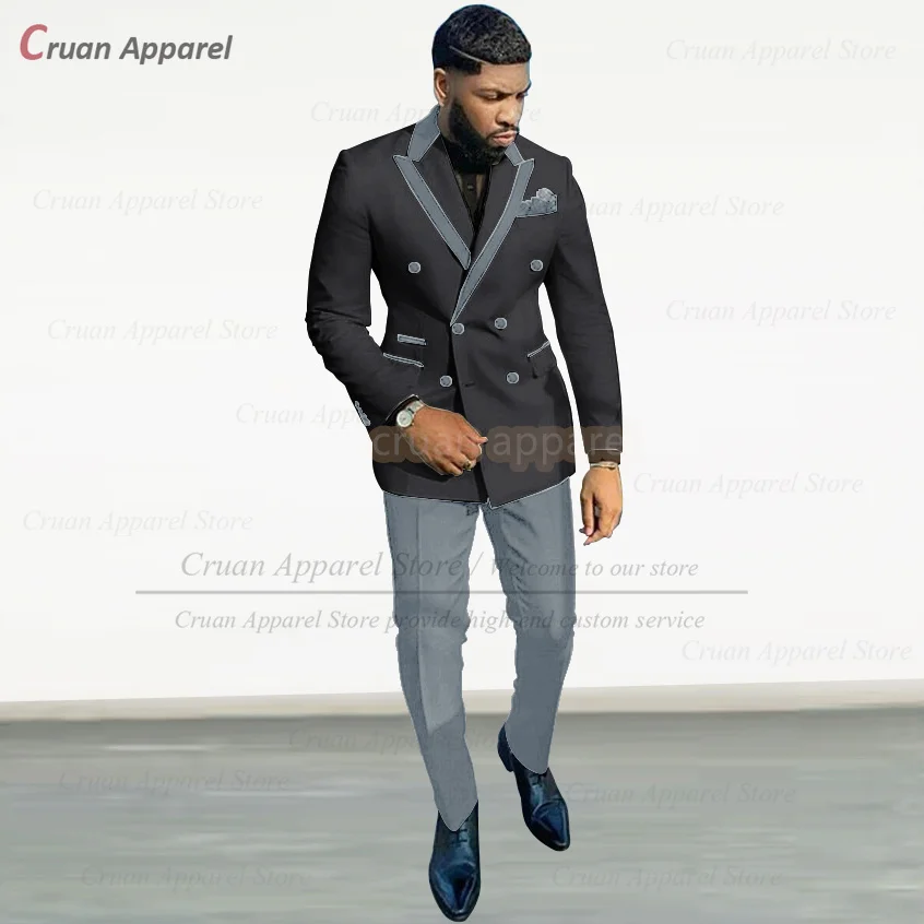 Classic Black Suit Set For Male Evening Dinner Stylish Double Breasted Blazer Pants 2 Pieces Prom Luxury Slim Fit Outfits mens suits