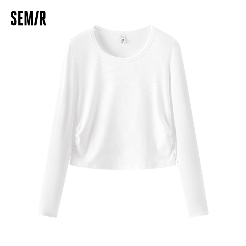 Semir Long Sleeve T-Shirt Women Short Style Big Round-neck Slimming 2025 Spring New Subtle Solid Color Top Versatile