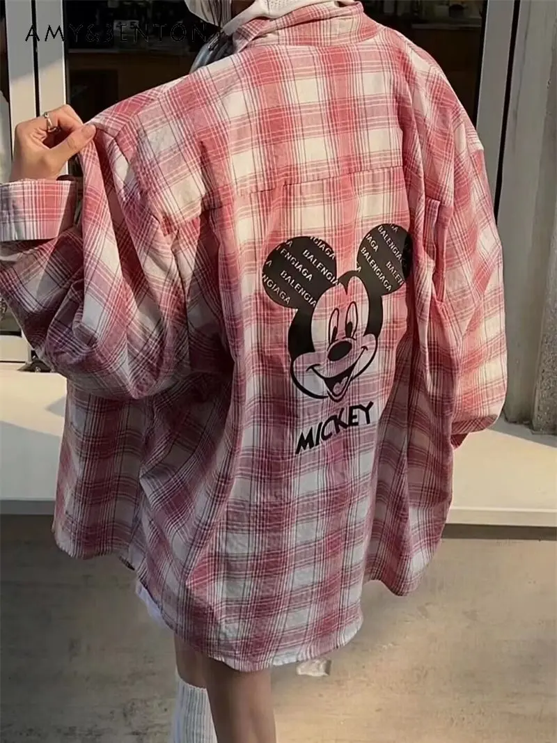 

Plaid Shirt Women's Clothing 2023 Spring Autumn New Design Sense Niche Trend Cartoon Printed Loose T-Shirt Blouses Casual Tops