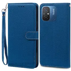 Premium Soft Silicone Leather Wallet Flip Phone Cover - Elegant and Protective Case for Redmi 12C (Navy blue -Strap)
