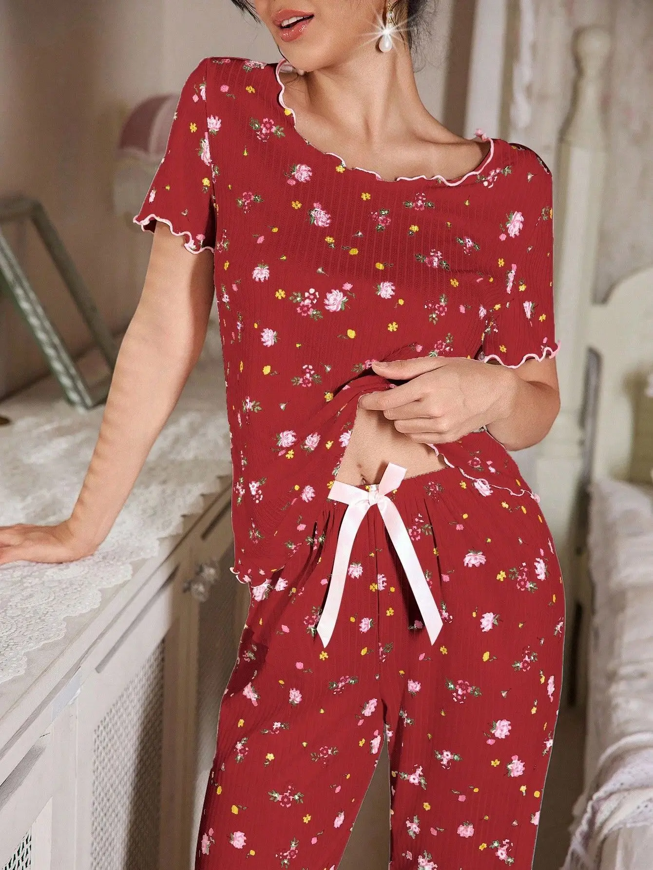 New European and American style loose-fitting women's pajamas, floral short-sleeved long pants home wear, casual two-piece set s