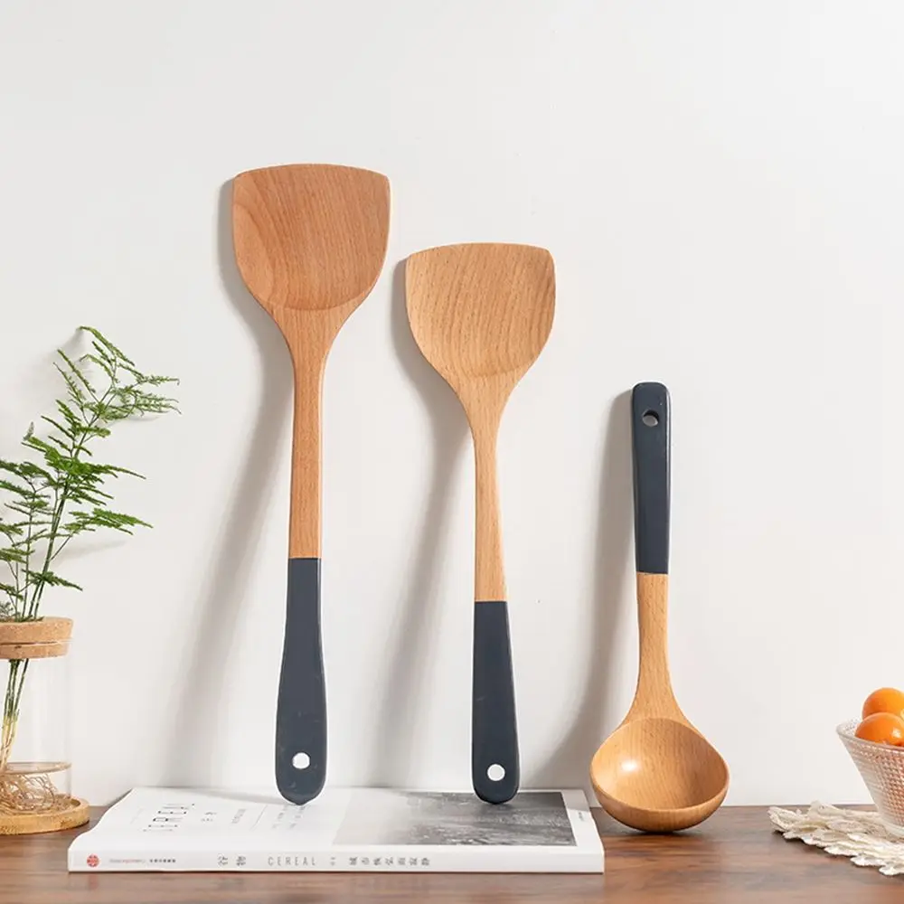 Natural Beech Wood Tableware Spoon Ladle Turner Rice Colander Soup Skimmer Cooking Spoon Scoop Kitchen Reusable Tool