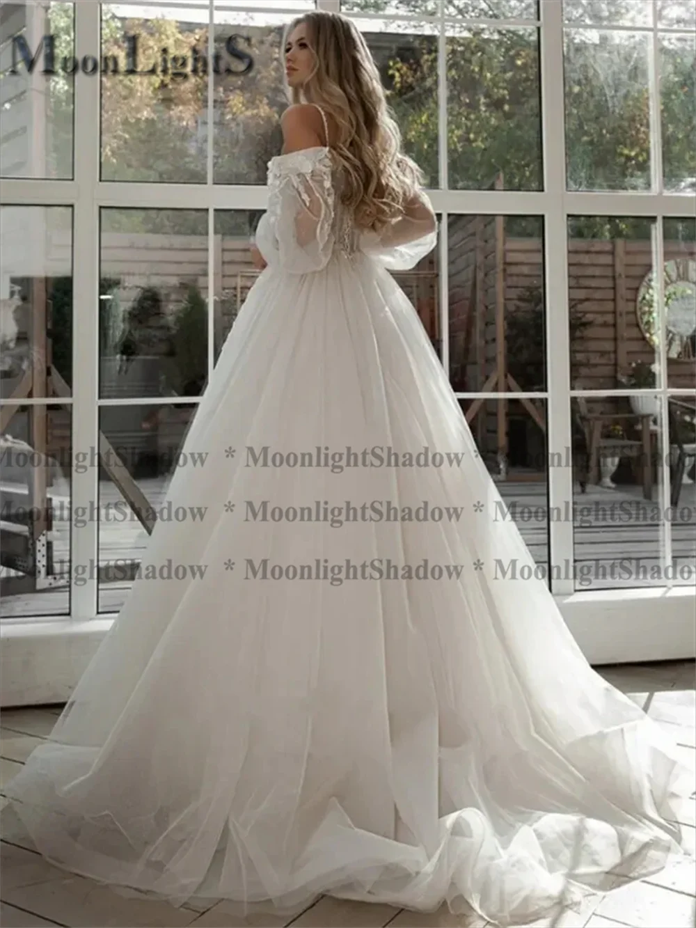 Moonlight Glitter Wedding Dresses Puff Sleeve Appliques Lace 3D Flower off Shoulder Tulle Bride Gown Customized vestidosdenovia